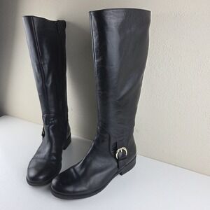 Me Too Dee Black Leather Knee High Riding Boots Buckle Zip Round Toe Wmns Sz 8 M